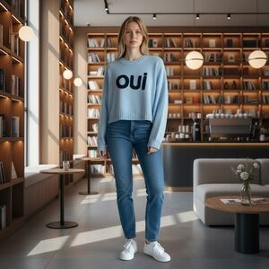 Sincerely Jules Women’s Sky Blue Cozy Warm Knit OUI Embroidery on Sweater XS NWT